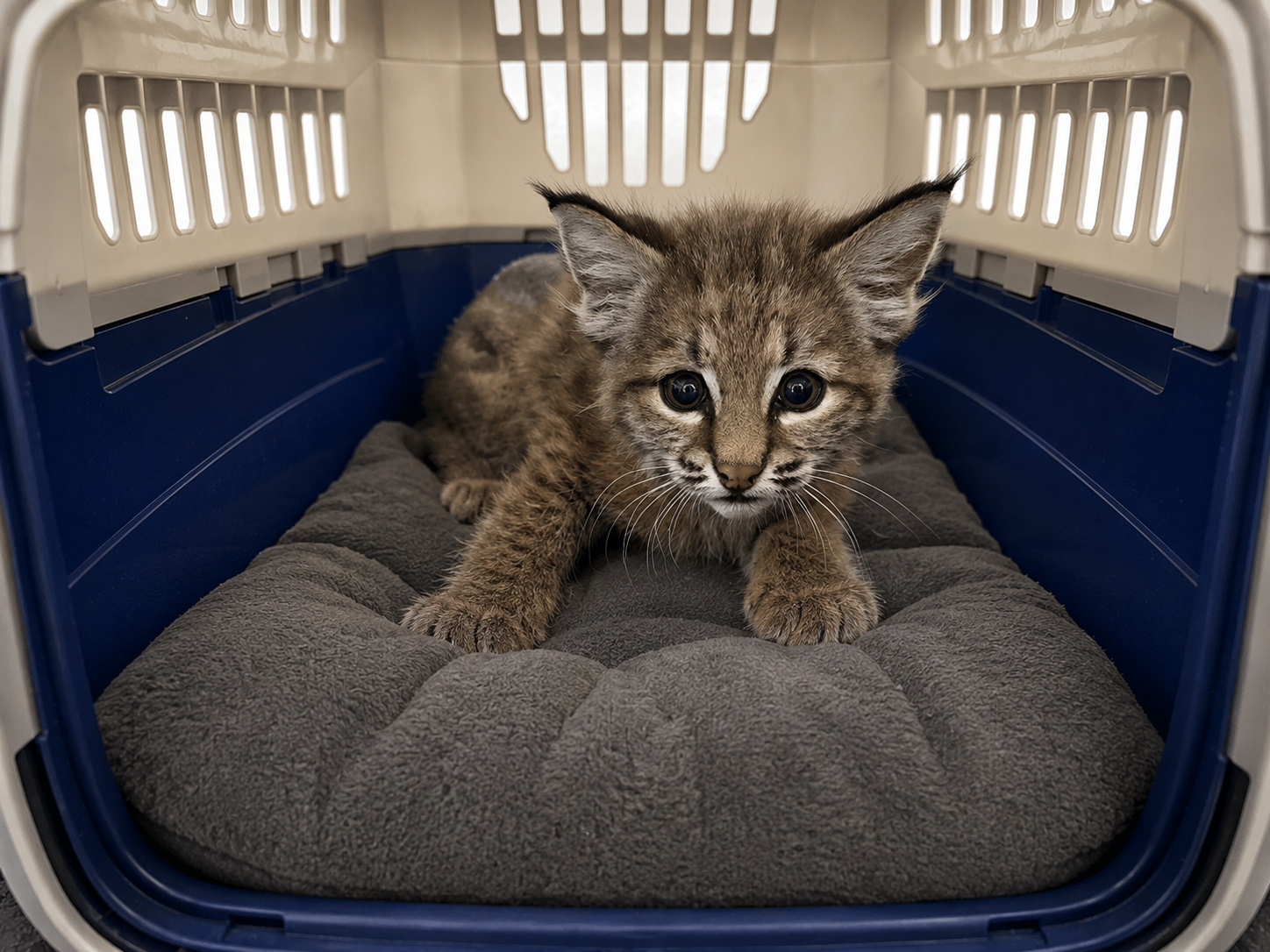 A baby bobcat kitten in care at NMWC