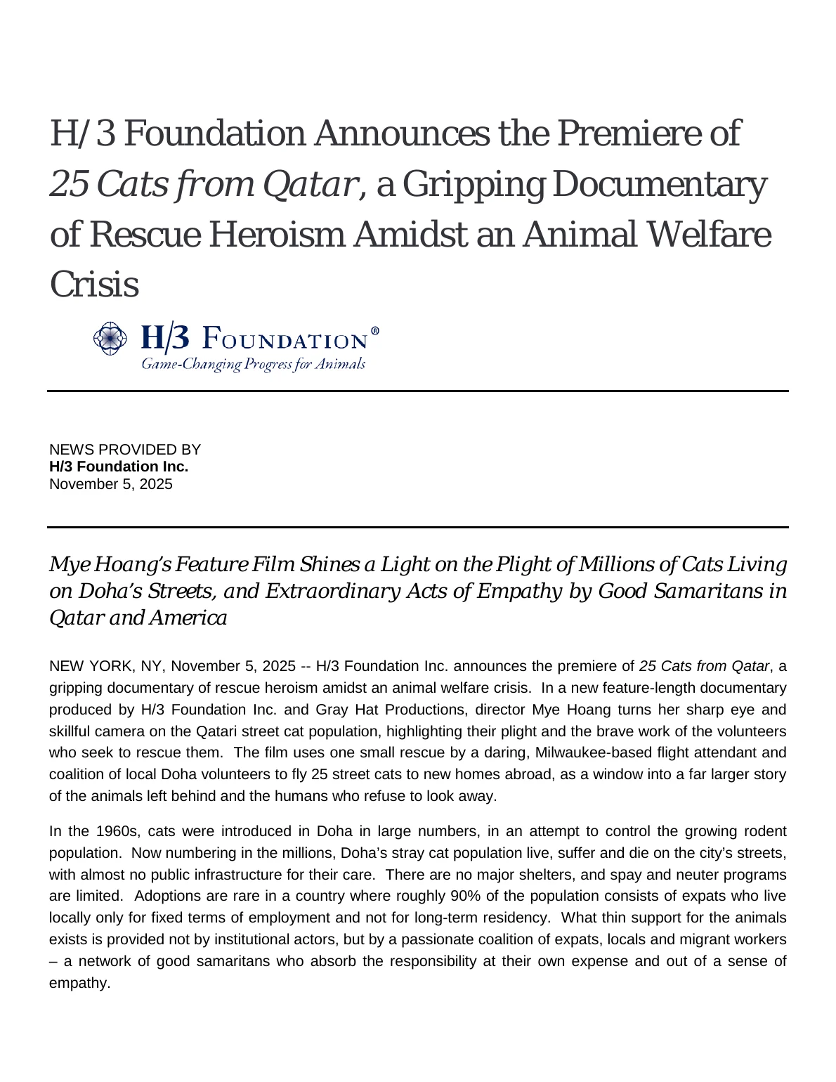 H/3 Foundation Announces the Premiere of 25 Cats from Qatar - page 1