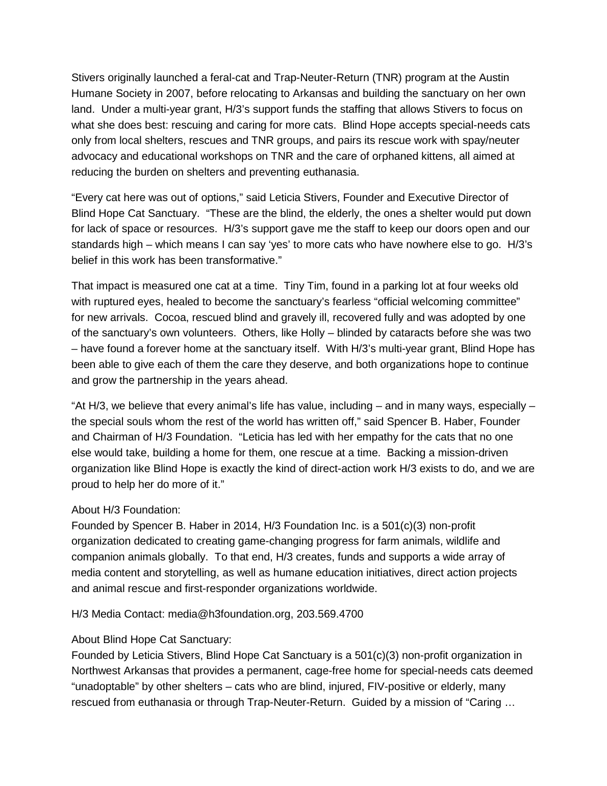 H/3 Foundation Partners with Blind Hope Cat Sanctuary to Save Animals No One Else Will - page 2