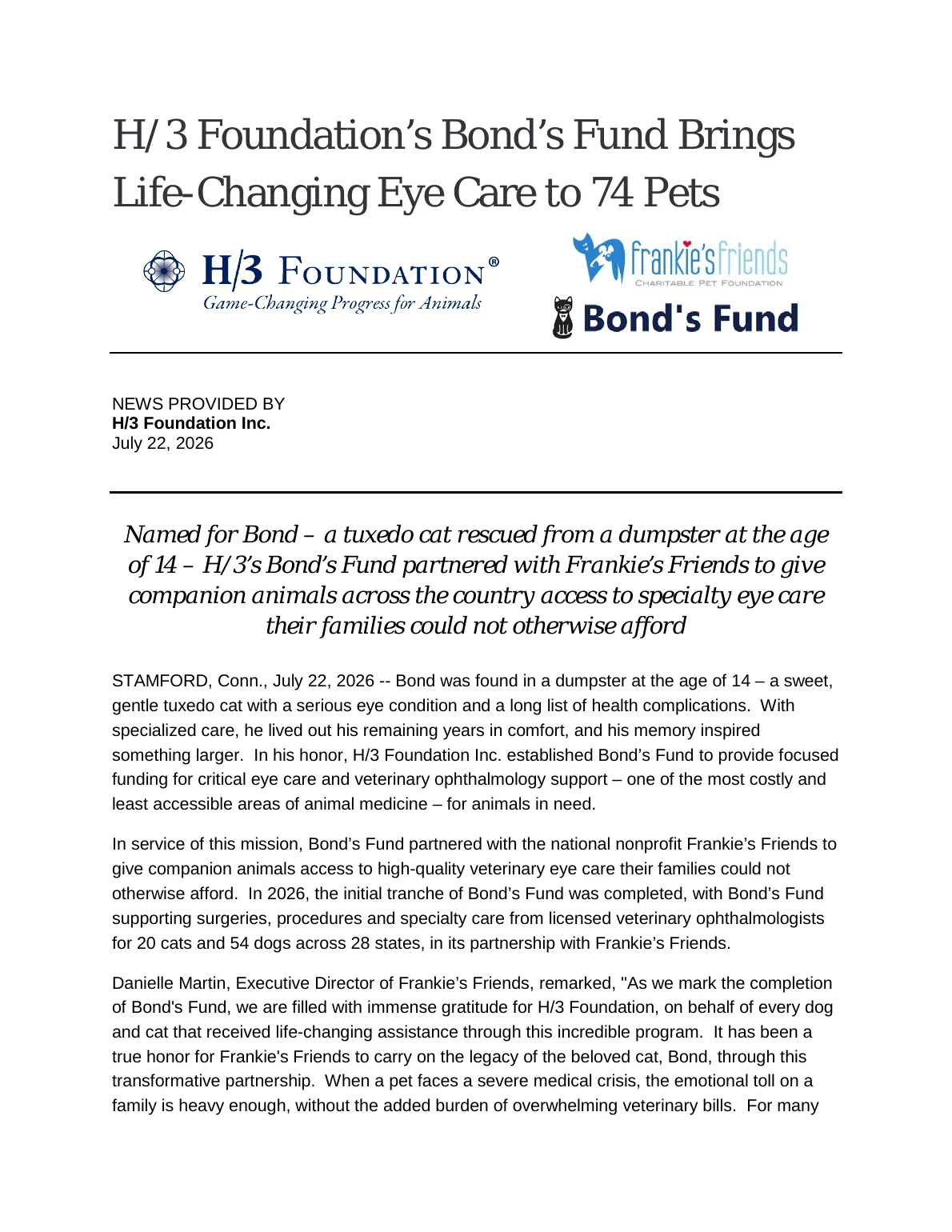 H/3 Foundation's Bond's Fund Brings Life-Changing Eye Care to 74 Pets - page 1
