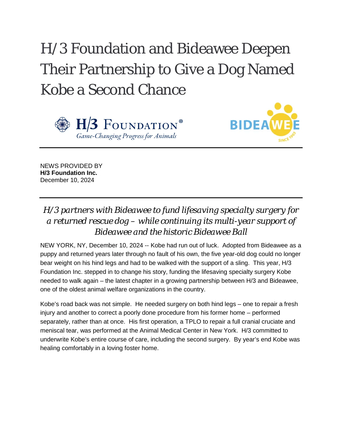 H/3 Foundation and Bideawee Deepen Their Partnership to Give a Dog Named Kobe a Second Chance - page 1