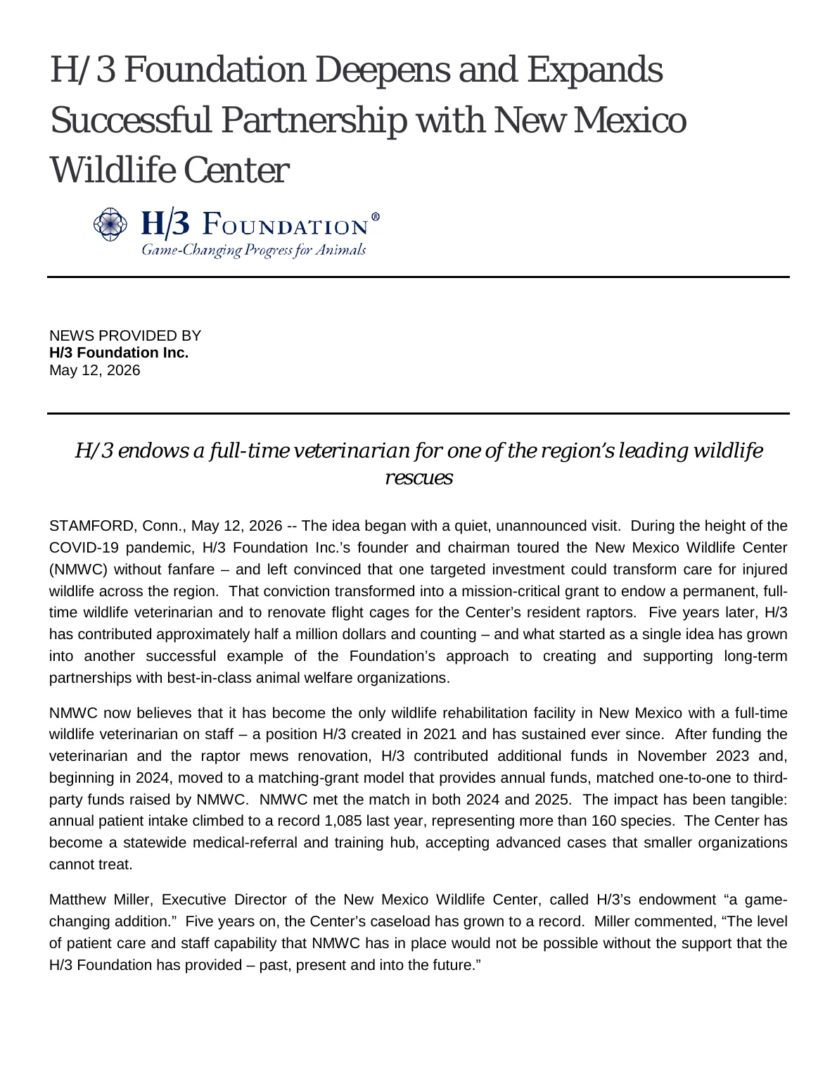 H/3 Foundation Deepens and Expands Successful Partnership with New Mexico Wildlife Center - page 1