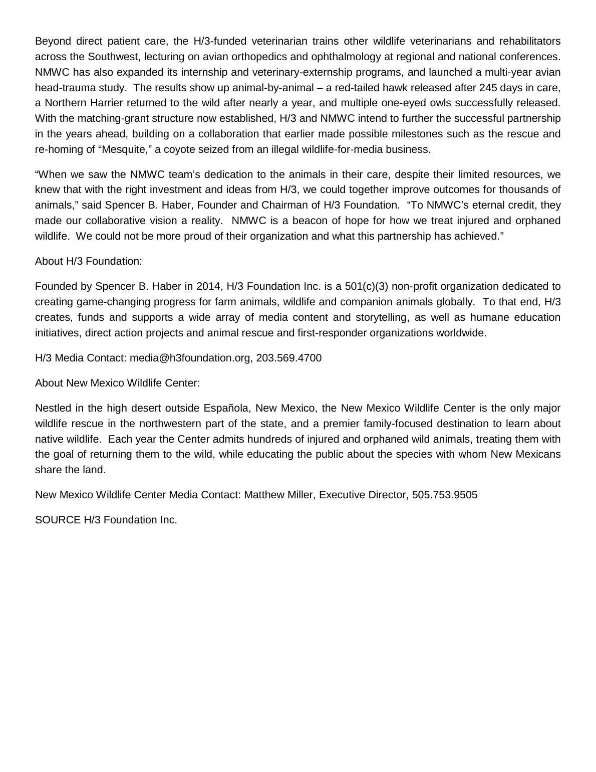 H/3 Foundation Deepens and Expands Successful Partnership with New Mexico Wildlife Center - page 2